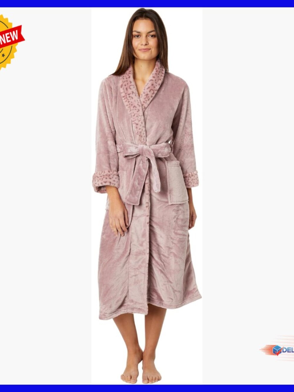 Plush Robe with Faux Fur Trim, Long Sleeves, Pockets, 48" Length